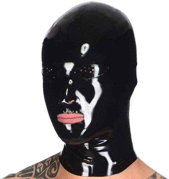 Latex Hood Mask Black Gummifliege mit perforierten Augen und Mund offen BSDM sexy Knechtschaft