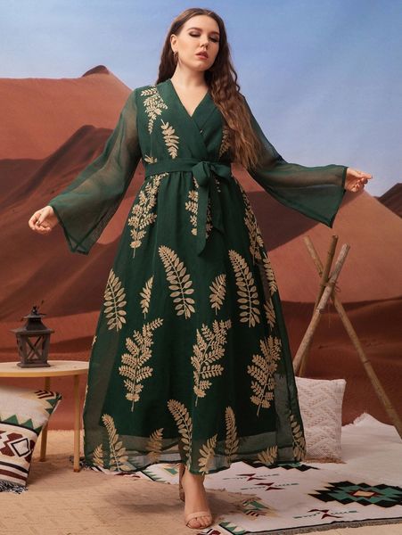 

plus random plant embroidery trumpet sleeve belted dress j2jm#, Black