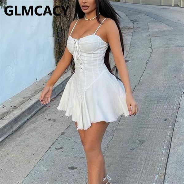 

spaghetti strap lace up front denim mini dress 220509, Black;gray