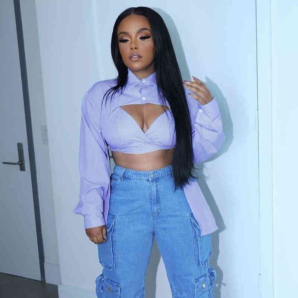 

2022 women's dresses spring summer ins new button splicing exposed navel fashion shirt two piece set club party mini dress, White