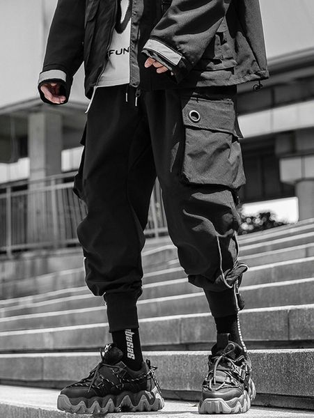 

men flap pocket zip detail pants d6aa#, Black