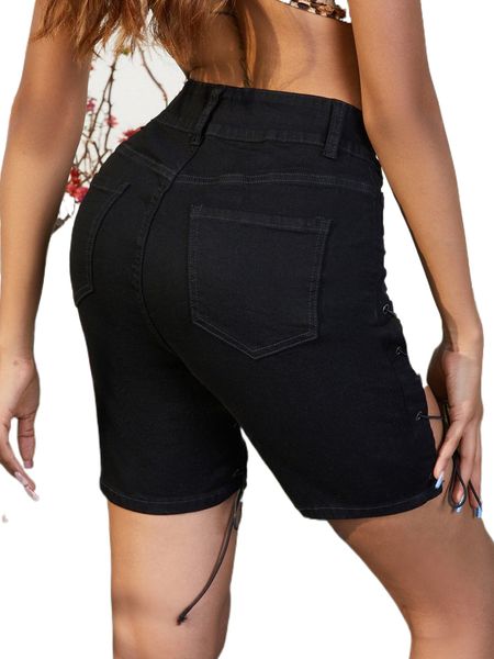 

high waist cut out grommet lace up front denim shorts o48g#, White;black