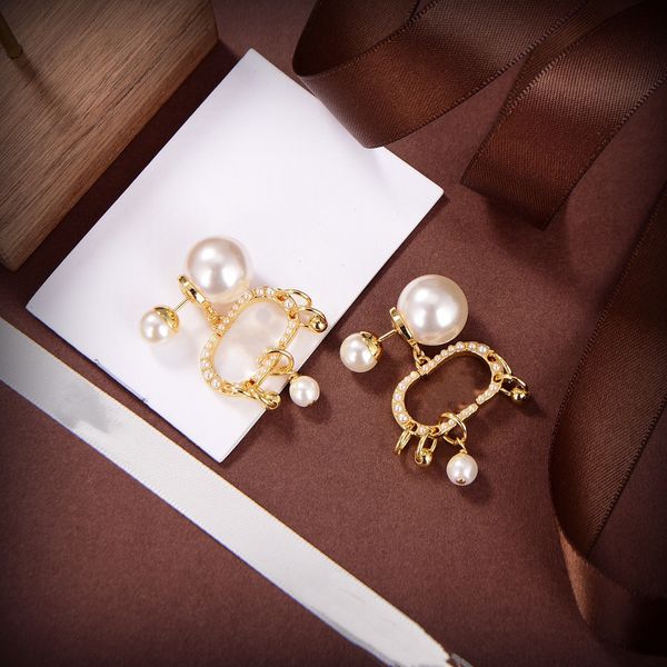 

luxury brand designer letter stud earrings famous women pearl earrings bridal wedding party jewelry, Golden;silver