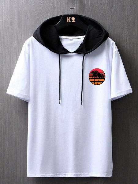 

romwe guys tree print drawstring hoodie m1qb#, White;black