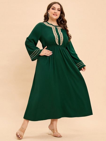 

plus embroidery bell sleeve a-line dress r3ne#, Black