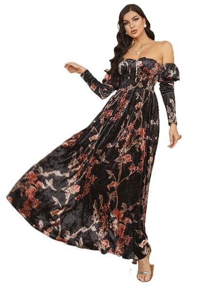 

floral print off shoulder gigot sleeve tie front velvet dress k1o2#, Black;gray