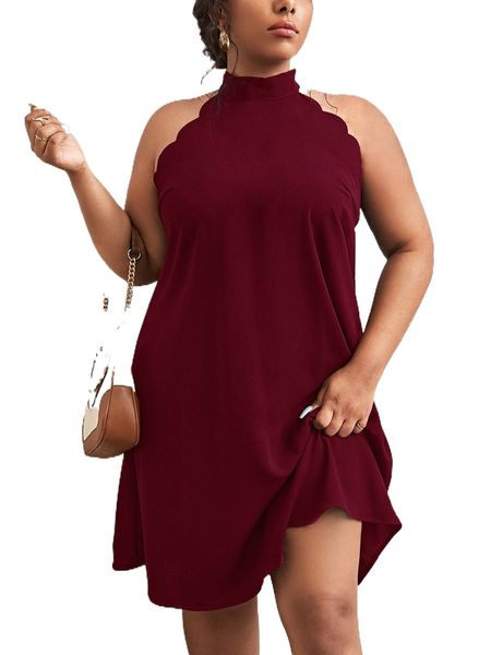 

plus scallop trim halter neck tunic dress 38ic#, Black