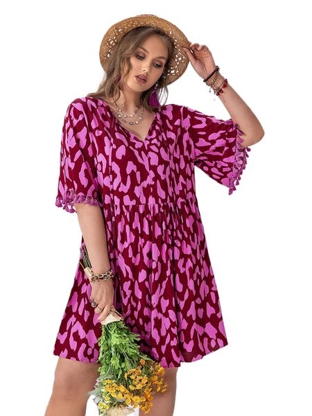 

rusttydustty plus allover print flounce sleeve tassel trim smock dress i497#, Black