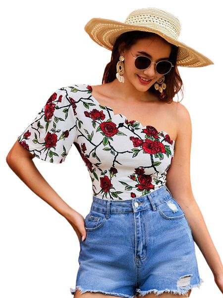 

floral print scallop trim tee d42x#, White