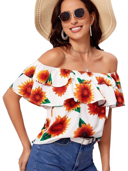

sunflower print flounce trim bardot blouse l2rs#, White