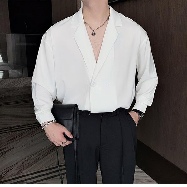 

men's casual shirts autumn high sense niche design vertical abstinence department trend ruffian handsome suit collar long sleeve shi, White;black