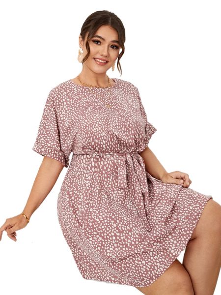 

plus dalmatian print batwing sleeve belted dress e3cs#, Black