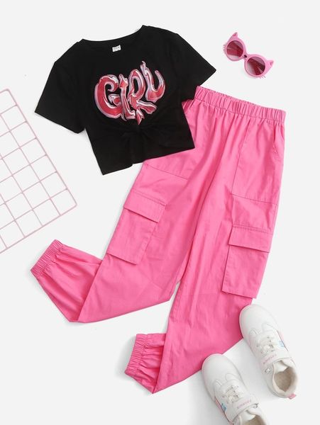 

girls letter graphic tee & flap pocket pants set she, White