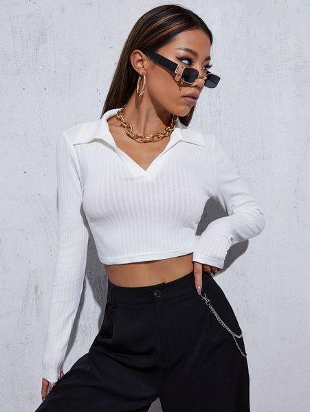 

v-neck collared crop tee o7ol#, White