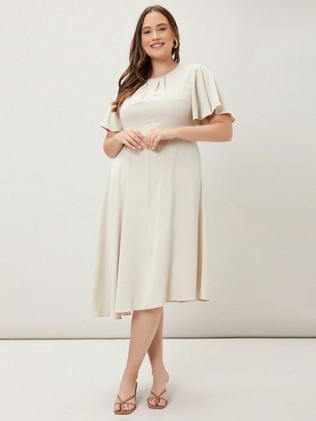 

motf premium plus butterfly sleeve asymmetrical dress w7fd#, Black