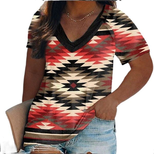 

women's plus size t shirt geometry print short sleeve v neck vintage streetwear daily going out cotton blend spring summer green blue, Black