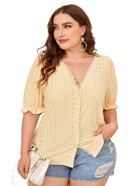 

plus lace trim puff sleeve schiffy blouse 43eb#, Black