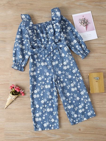 

toddler girls floral print ruffle trim flounce sleeve belted jumpsuit she, Blue