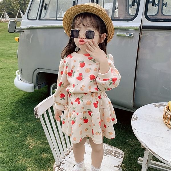 

girls casual clothes sets autumn spring kids cartoon strawberry sweater skirt 2 piece 3-7 years children cute costumes 220509, White