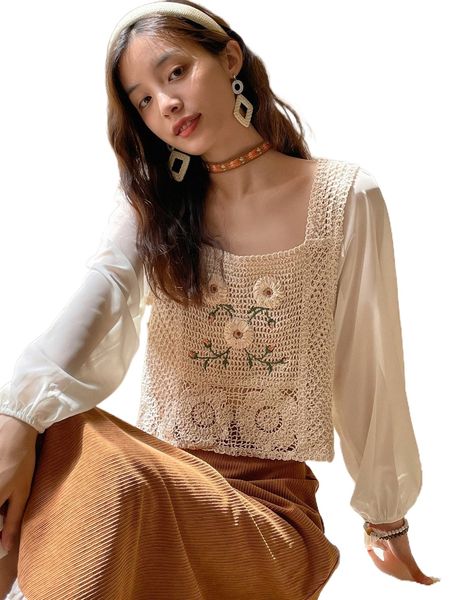 

dazy floral embroidery square neck bishop sleeve t7ce#, White