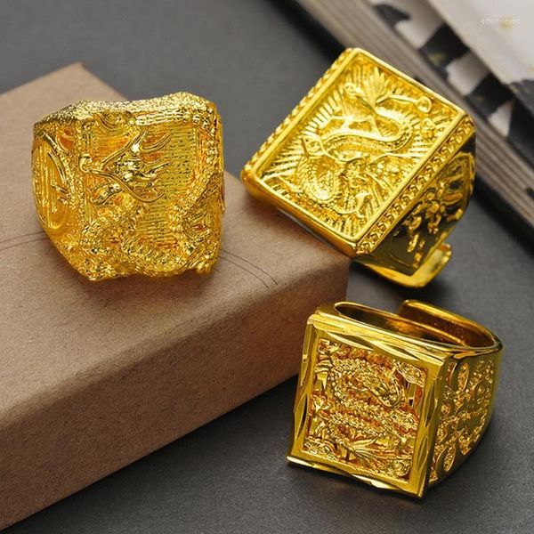 Eheringe Dicke Männer Ring Band Hip Hop Drachen Muster Gelbgold Gefüllt Punk Männlich Schmuck Geschenk Größe AnpassenHochzeit Edwi22