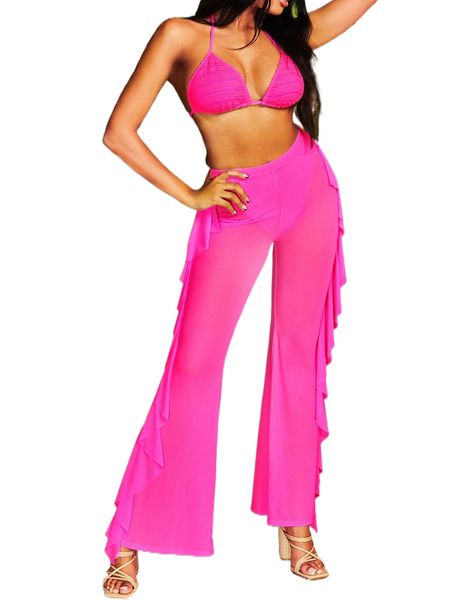 

sxy tie backless halter & ruffle trim pants k5hi#, White