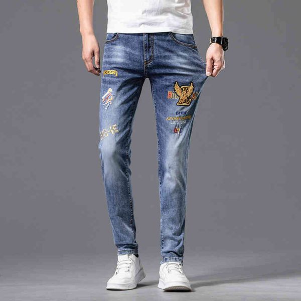 

men's jeans jeans men's spring and summer thin slim fit small feet elastic leisure trend eagle embroidered korean pants qbg1, Blue