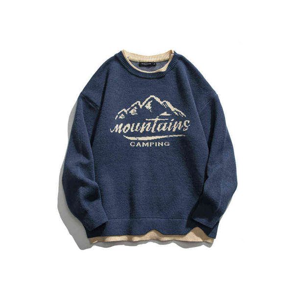 

knitted snow mountain jumper sweaters streetwear mens hip hop harajuku pullover knitwear fashion knit outwear men clothes t220730, White;black