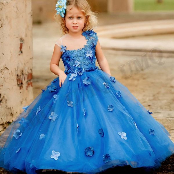 Nova criança azul Patal Flower Girl Dresses vestido de bola Apliques de aniversário Trajes de fotografia de casamento Primeira comunhão