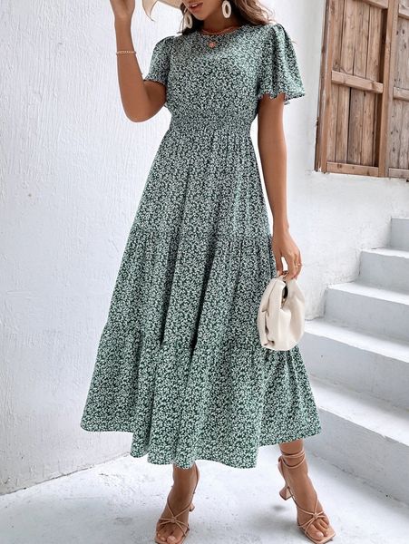 

ditsy floral print ruffle hem smock dress r8pt#, Black;gray