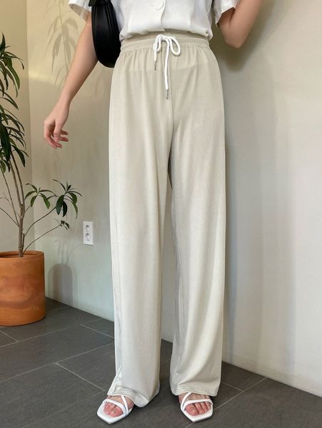 

dazy drawstring waist rib-knit wide leg pants h675#, Black;white