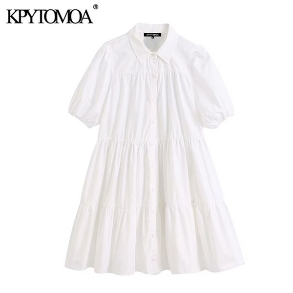 

kpytomoa women sweet fashion ruffled white mini dress vintage lapel collar puff sleeve female dresses chic vestidos mujer 210303, Black;gray