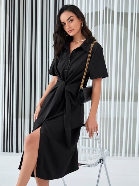 

single breasted knot front shirt dress 25t9#, Black;gray