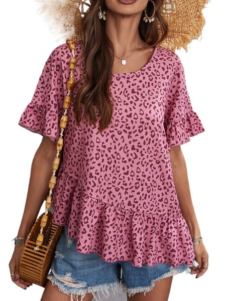 

leopard print flounce sleeve blouse q001#, White