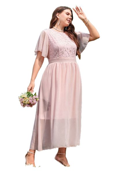 

plus contrast lace bodice dress f23f#, Black