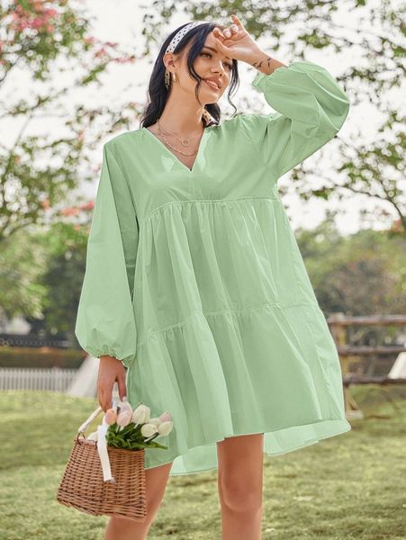 

solid v-neck smock dress 3903#, Black;gray