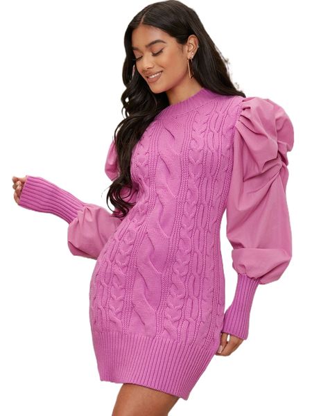

gigot sleeve cable knit sweater dress 1715#, White;black