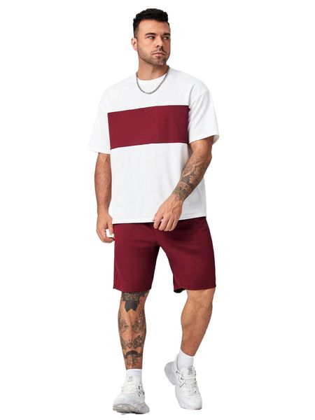 

extended sizes men colorblock tee & shorts set o0k8#, Gray