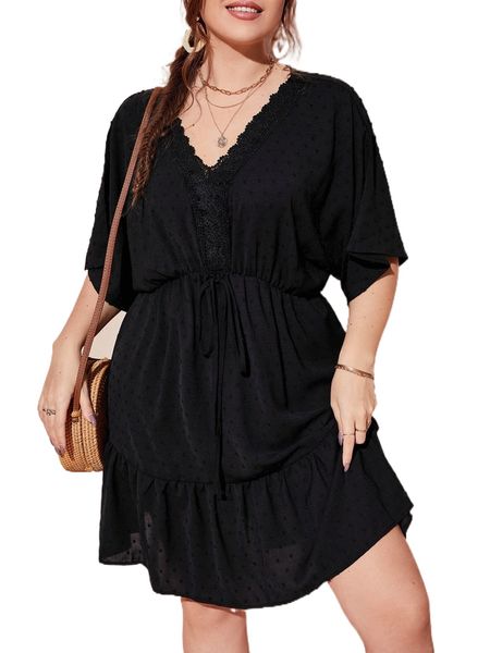 

plus contrast lace batwing sleeve ruffle hem dress 75uc#, Black