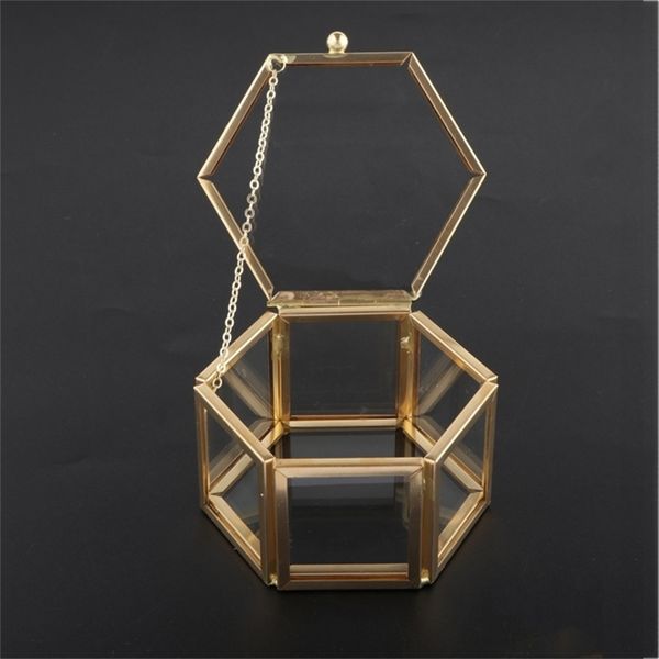 

hexagon clear glass jewelry box wedding ring geometric jewellery organizer showcase container watches box 220719, Black;blue