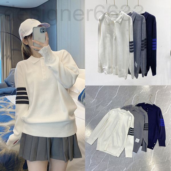 

women's knits & tees designer autumn and winter korean tb classic four bar polo lapel large version wool sweater pullover women's, White