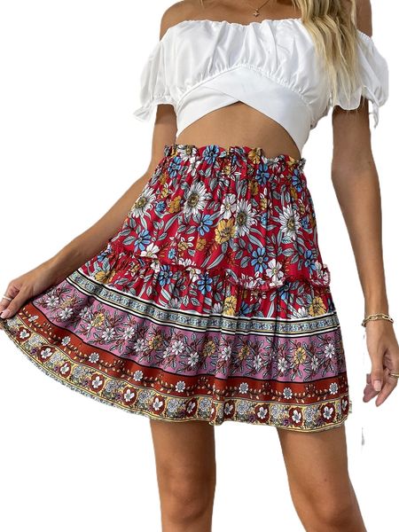 

floral print paperbag waist frill trim skirt s1b2#, Black