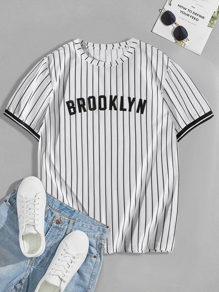 

men pinstriped & letter graphic stripe trim mesh tee x4s6#, White;black