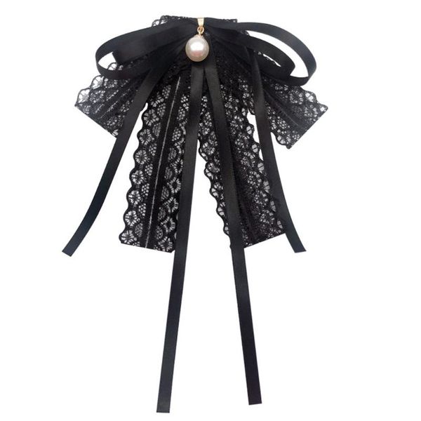 Papillon Donna Nastro di pizzo nero Cravatta con pendente di perle Spilla Spilla Collana Jabot CollarBow