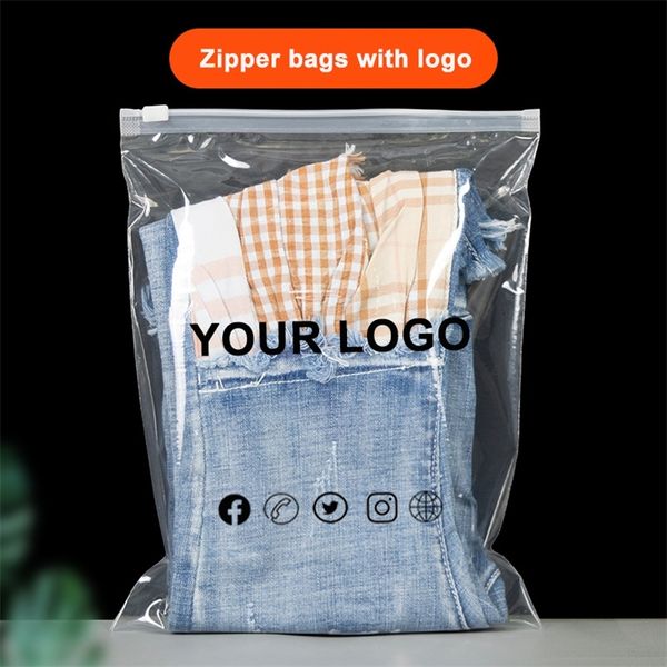 50pcs roupas de sacola plástica personalizadas com zíper transparente com impressão para roupas de jeans de casaco de roupas pacote 220704