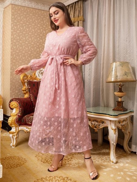 

plus lantern sleeve belted lace dress d2hc#, Black