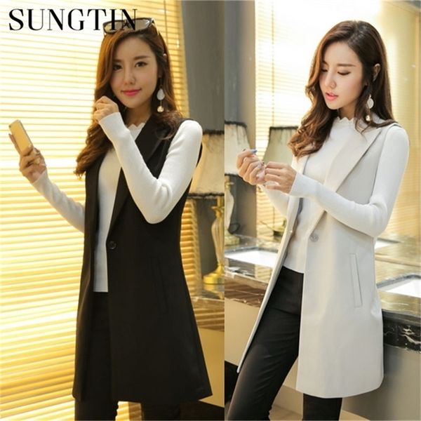 

sungtin classic women long blazer vest elegant office lady coat female waistcoat causal suits sleeveless jacket plus size y201012, Black;brown