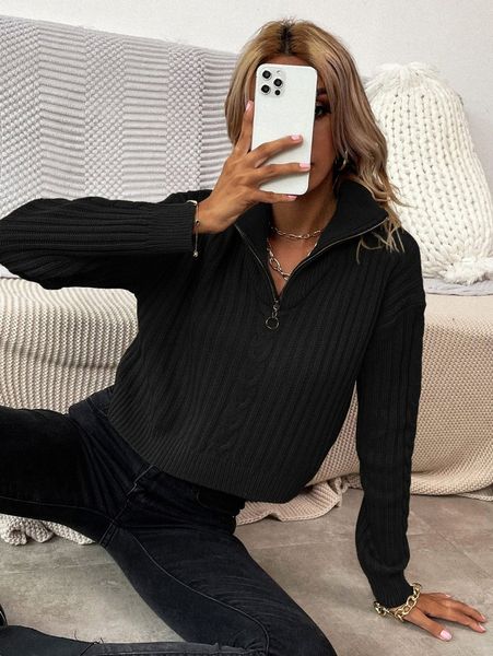 

drop shoulder cable knit o-ring zipper sweater s2b4#, White;black