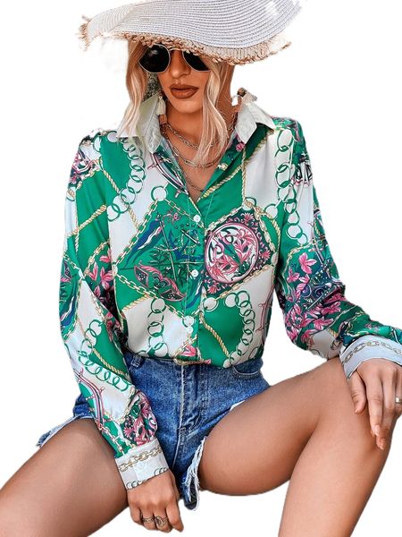 

chain & rope print button up blouse 08uq#, White