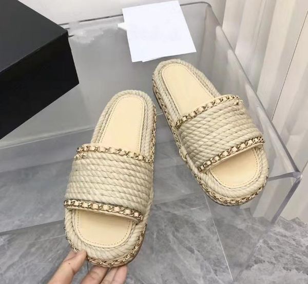 

Designer women's Flip-flops slippers Braided Platform Slippers and Sandals Women's Ribbon Straw Chains Heightened Casual Vacation Ladies Flat beach Slippers, Nude